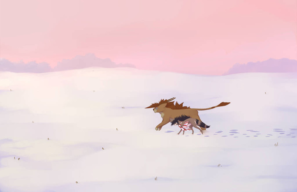 Lumisessa laaksossa leijona ja pesukarhu juoksevat
 - Valokuva, kuva