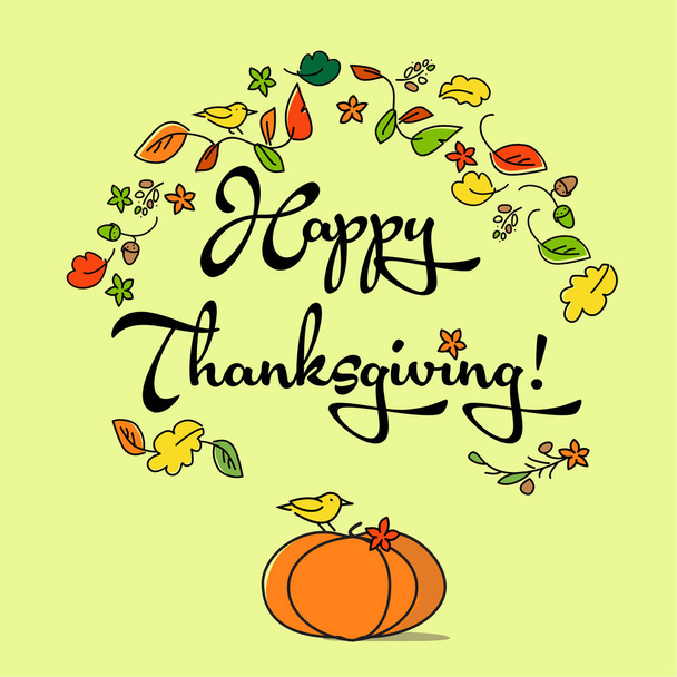 Happy Thanksgiving lettering typography poster. Collage of handwritten font, autumn leaves, cones, flowers and petals, flat top view, on yellow background. - Photo, Image