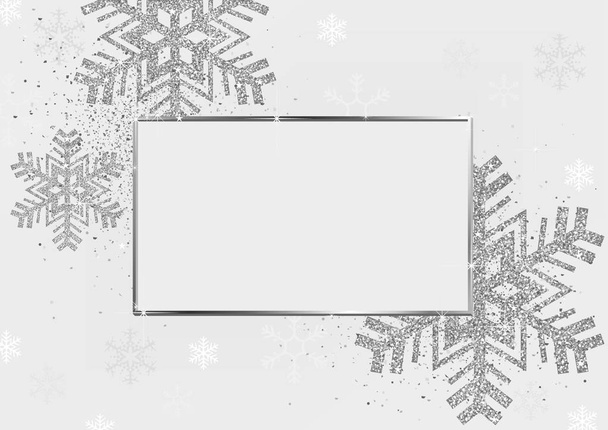 Silver Xmas Background with Silver Frame and Silver Glittering Snowflakes on White Background with Silver Glitters - Abstract Festive Illustration, Vector - Vetor, Imagem