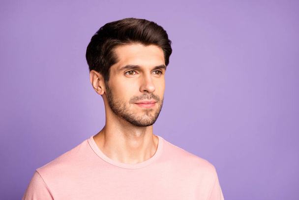 Close-up portrait of his he nice attractive calm peaceful content focused brunet bearded guy wearing pink tshirt nice hairdo isolated over violet purple lilac pastel color background - Φωτογραφία, εικόνα