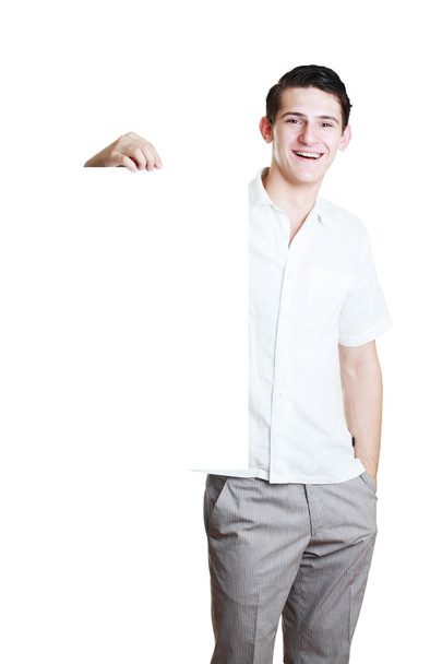 Nuori mies jolla tyhjä valkoinen kortti
 - Valokuva, kuva