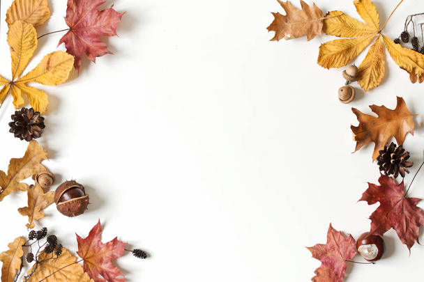 Jesienny skład z kolorowymi suchymi liśćmi na białym tle. Płaskie ułożenie, widok z góry, przestrzeń do kopiowania. - Zdjęcie, obraz