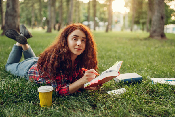 Vrouwelijke student bereidt zich voor op examens op het gras in het zomerpark. gember tiener studeren en vrijetijdsbestedingen buiten - Foto, afbeelding