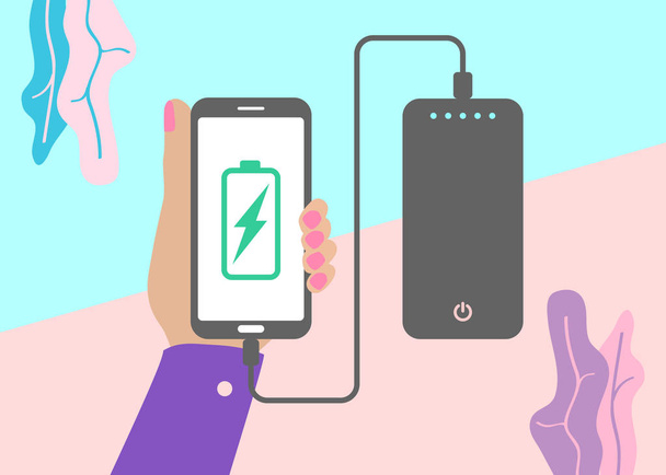 düz konum modern minimal el cep telefonu taşınabilir pil veya power bank şarj - Vektör, Görsel