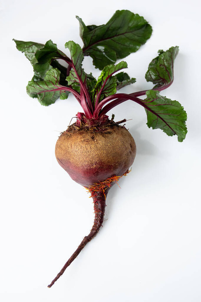 Fresh raw beets with tops close-up on a white background - Photo, Image