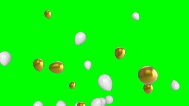 Animation of shiny white and gold balloons floating up on a green screen background - Felvétel, videó
