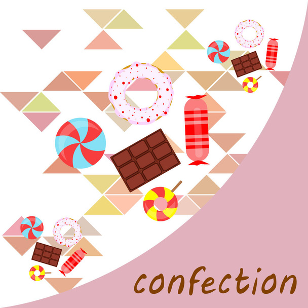 Különböző édességek színes háttér. Nyalókák, csokoládé, cukorka, fánk, vektor háttér. - Vektor, kép