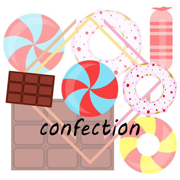 Diferentes dulces fondo colorido. Piruletas, barra de chocolate, caramelos, donut, vector de fondo
. - Vector, Imagen