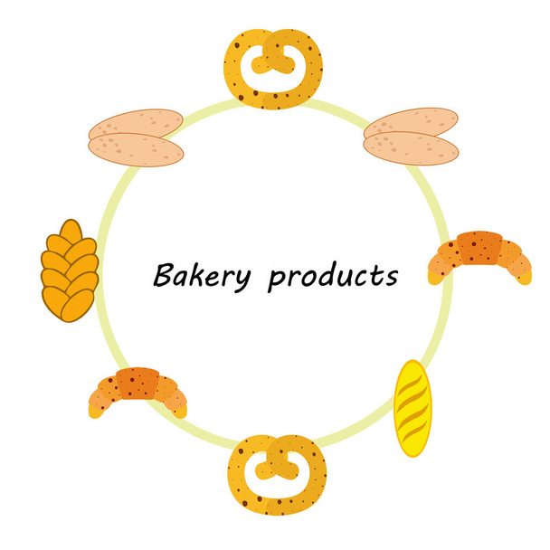 Bakery products banner, vector illustration. Wheat bread, pretzel, ciabatta, croissant, french baguette - Vector, afbeelding