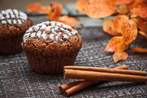 Čokoládové muffiny s lahodnou jablečnou náplní a cukrem na pozadí podzimního listí a jablek - Fotografie, Obrázek