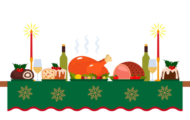 traditional festive christmas table with tablecloth, turkey and christmas pudding. Congratulatory decor for the new year. vector illustration - Vector, Image