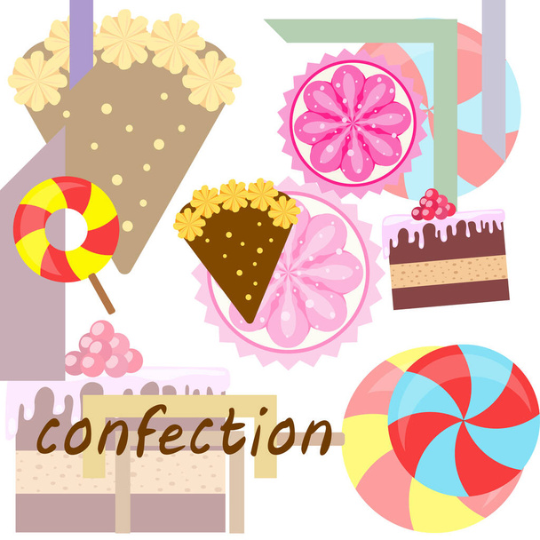 Inicio panadería vector ilustración de pastel de cumpleaños, capcake y dulces. Idea de diseño para póster, tarjetas y publicidad
. - Vector, imagen