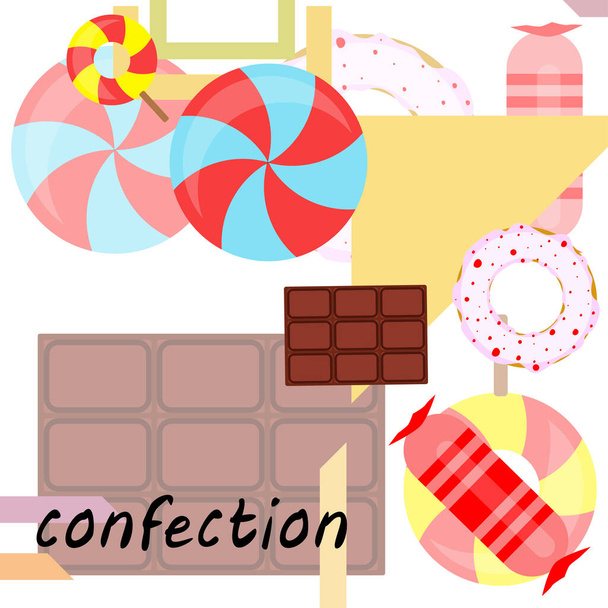 Diferentes dulces fondo colorido. Piruletas, barra de chocolate, caramelos, donut, vector de fondo
 - Vector, imagen