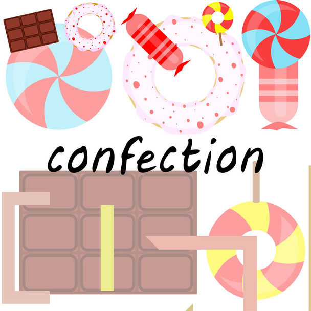 Különböző édességek színes háttér. Nyalókák, csokoládé, cukorka, fánk, vektor háttér. - Vektor, kép