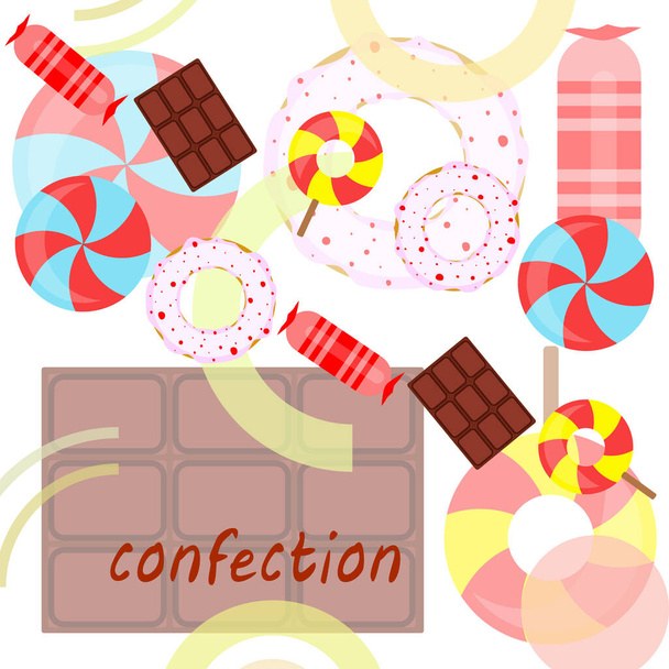 Différents bonbons fond coloré. Sucettes, barre de chocolat, bonbons, beignet, fond vectoriel
. - Vecteur, image