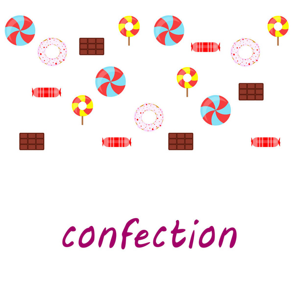 Különböző édességek színes háttér. Nyalókák, csokoládé, cukorka, fánk, vektor háttér - Vektor, kép