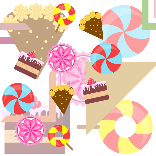 Inicio panadería vector ilustración de pastel de cumpleaños, capcake y dulces. Idea de diseño para póster, tarjetas y publicidad
. - Vector, Imagen