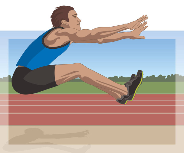 atleta salto longo macho, aerotransportado sobre poço de areia, contra pista e fundo céu
 - Vetor, Imagem