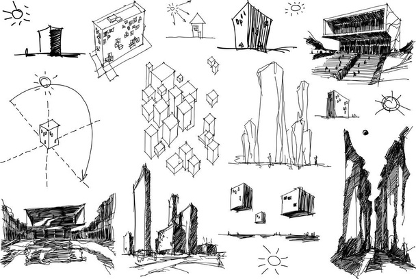 wiele ręcznie rysowane architectectural szkice architektury modernistycznej streszczenie nad obiektów geometrycznych i pomysły miejskich i projekty - Wektor, obraz