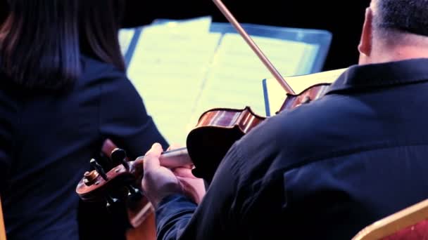 Geiger, der auf einem Violininstrument symphonische Orchestermusik spielt. Konzert mit Klassik, Jazz oder Rock. Männer im schwarzen Hemd. Nahaufnahme. - Filmmaterial, Video