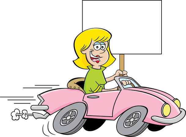 Cartoon illustration of a women driving a sports car while holding a sign. - Vector, Image