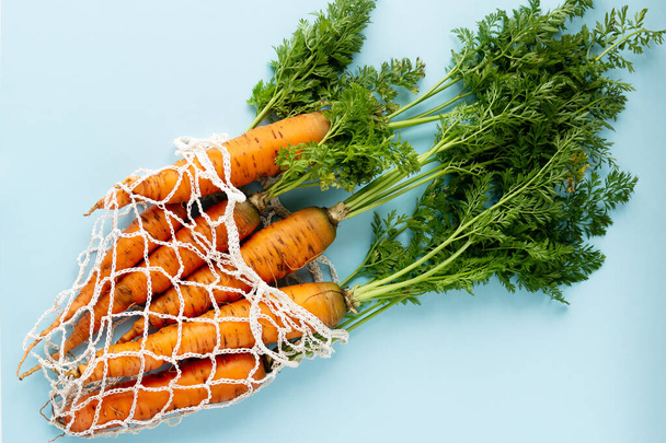 Dos zanahorias frescas crudas con tapas en una bolsa ecológica de cerca sobre un fondo azul
 - Foto, imagen