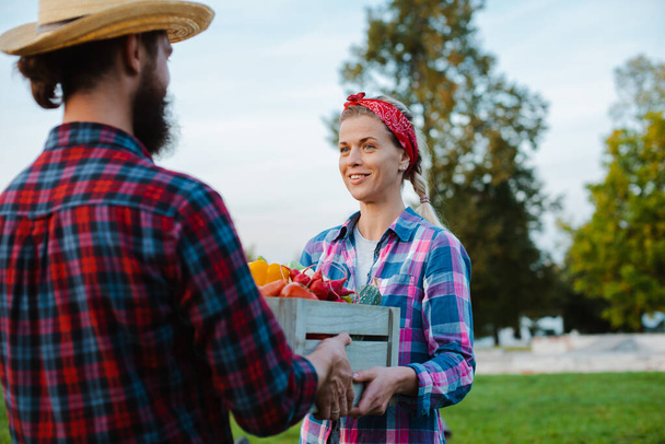Un hombre y una mujer sosteniendo una caja con una cosecha de verduras de granja fondo del jardín
. - Foto, imagen