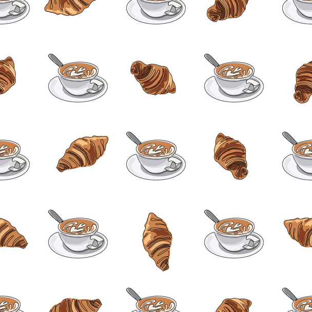 Seamless pattern background. Colored continuous line drawing of cup of coffee or cappuccino with croissants. - Vektor, Bild