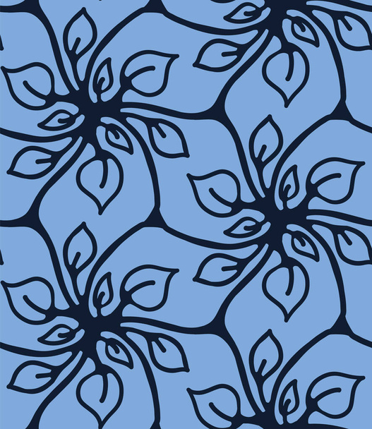 Бесшовный рисунок индиго синий цветочный мотив японского стиля. Ручной окрашенный цветочный дамасский текстиль. Декоративно-модный монохромный по всей печати
.  - Вектор,изображение