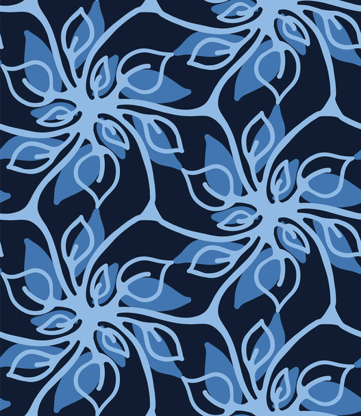 Naadloos patroon indigo blauwe bloem motief Japanse stijl. Handgeverfd bloemendamast textiel. Decoratieve kunst nouveaux home decor. Modernistische trendy monochroom over de hele print. Vectorstaal. - Vector, afbeelding