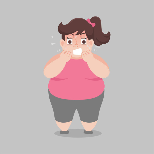 Большая толстая женщина беспокоиться о своем теле выглядит более вес, грустно, страшно, несчастный, большой размер, диета нездоровый мультфильм, похудеть, образ жизни здоровый Здравоохранение концепция мультфильма персонаж плоский вектор дизайна
. - Вектор,изображение