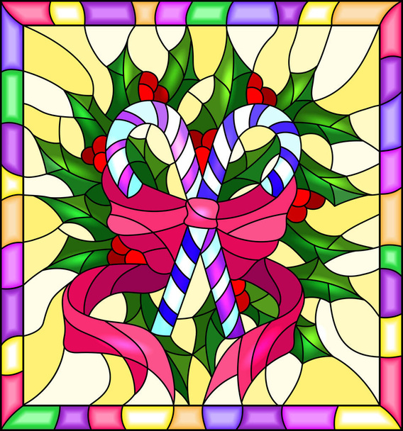 Ilustrace ve stylu barevného skla na Nový rok a Vánoce, pruhované bonbóny, Holly větve a stuhy na žlutém pozadí v jasném rámu - Vektor, obrázek