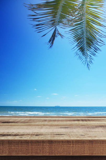 Beach background with palm tree and empty wooden, Summer. - Photo, Image