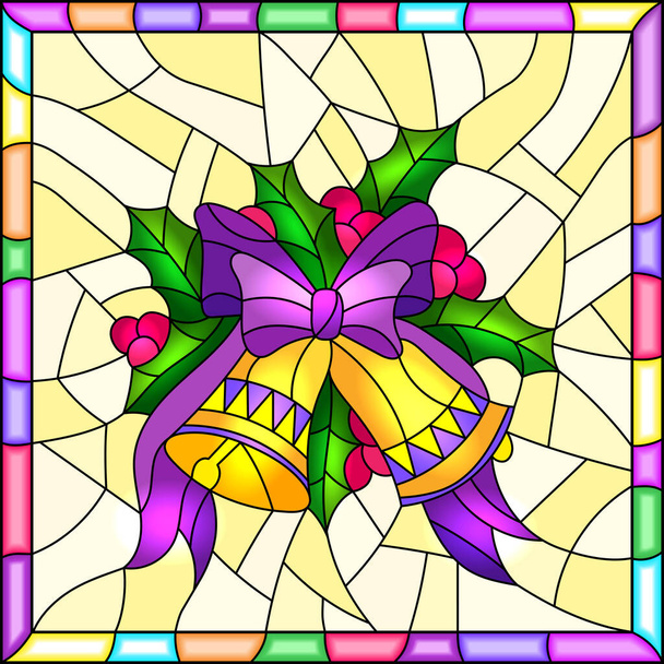 Ilustrace ve stylu barevného skla na Nový rok a Vánoce, zvony, Holly větve a stuhy na žlutém pozadí v jasném rámu - Vektor, obrázek