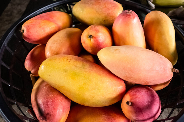 mangó gyümölcsök a kosárba a hagyományos piacon - Fotó, kép