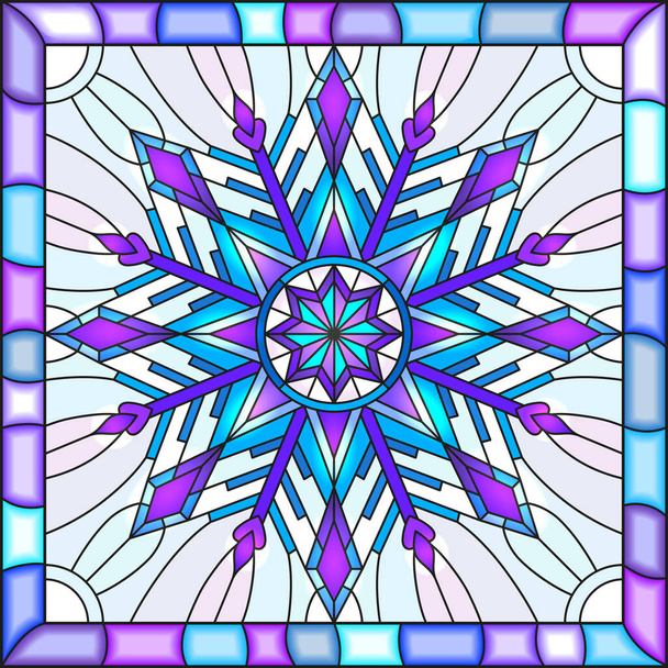 Illustration in stained glass style with snowflake in blue colors in a bright frame  - Vector, Image