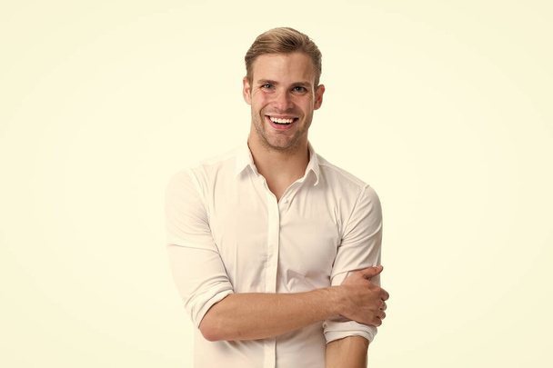 White collar worker. Man well groomed unbuttoned white collar elegant shirt isolated white background. Worker cheerful ready work office. Guy office worker handsome attractive. Working dress code - Foto, afbeelding