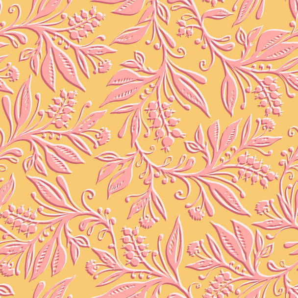 Floral seamless pattern with leaves and berries. Hand drawn and digitized. Background for title, image for blog, decoration. Design for wallpapers, textiles, fabrics. - Wektor, obraz