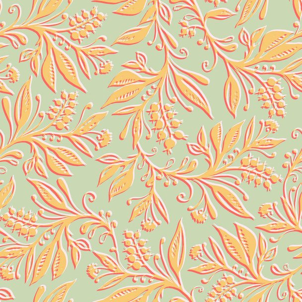 Floral seamless pattern with leaves and berries. Hand drawn and digitized. Background for title, image for blog, decoration. Design for wallpapers, textiles, fabrics. - Vector, imagen