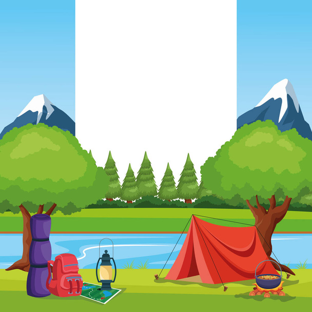elementos de camping en un paisaje rural
 - Vector, imagen