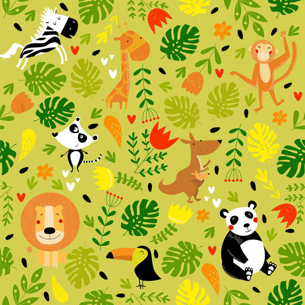 Tropical pattern with animals. Lion, panda, toucan, kangaroo, zebra, monkey, giraffe, lemur. Can be printed on fabric. - Vector, afbeelding