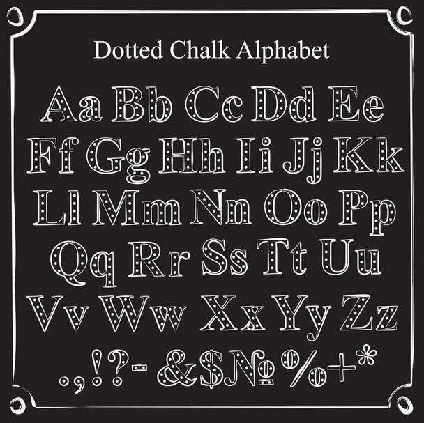 Dotted Chalk alphabet. Alphabet in white chalk on a black board. - Vector, Image