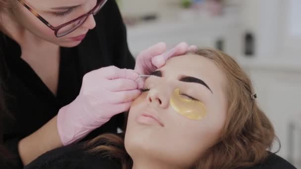Professional makeup artist plucking eyebrows for client in beauty salon. - Footage, Video