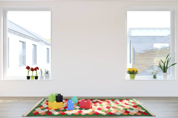 Настінний макет. Дитяча кімната в скандинавському стилі з великими вікнами.3D ілюстрація
. - Фото, зображення