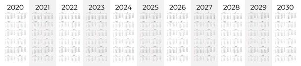 Egyszerű naptár 2020-2030-ra. Egyszerű szerkeszthető függőleges vektor naptár - Vektor, kép