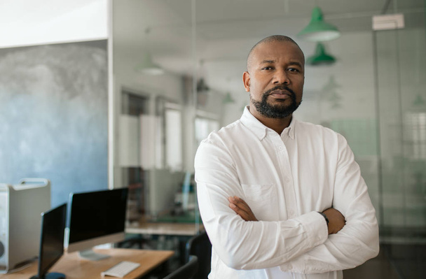 Portrait of a confident mature African American businessman standing with his arms crossed in a large modern office in the late afternoon - Foto, Imagem