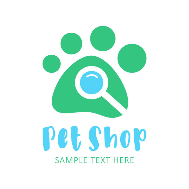 Pet shop vector logo illustration icon. Animal paw footprint with magnifying glass inside and sample text. E-shop, online shop green and blue symbol. Isolated. - Vector, Image
