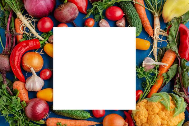 Composition with raw vegetables on a blue background. Frame of vegetables. - Fotó, kép