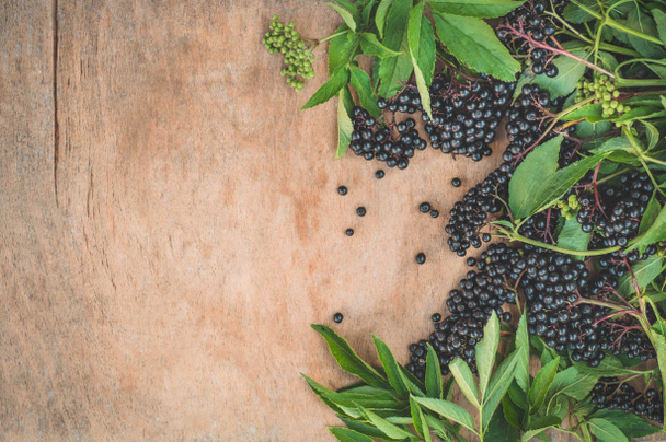 Gromady owocowe czarna bzu czarnego na drewnianym tle (Sambucus nigra). Starszy, czarny starszy. - Zdjęcie, obraz