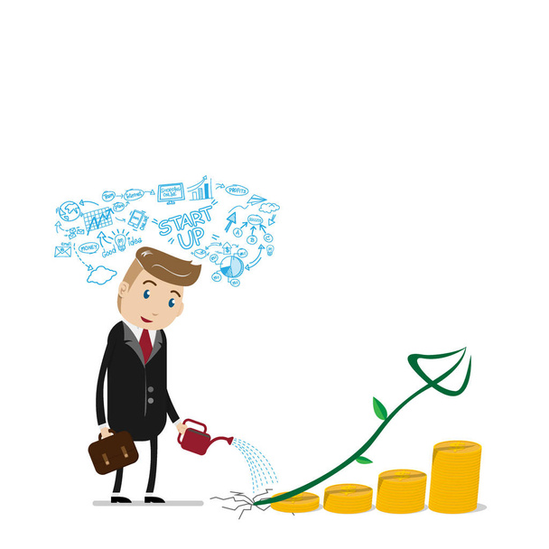 financial growth success concept with happy businessman with business plan over head, watering can pouring on golden coins as step stair start from beginning till success. investment growth success - Vektör, Görsel